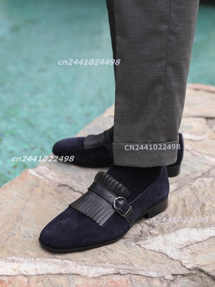 Men'S Shoes Navy Blue - Navy Blue Suede Leather Tassel Decor