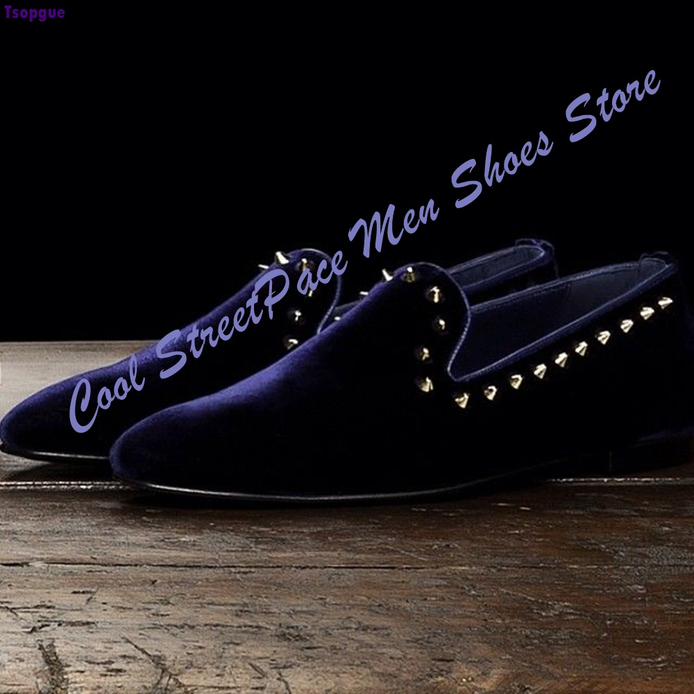 Men'S Shoes Navy Blue - Men Navy Blue Velvet Studded Loafers