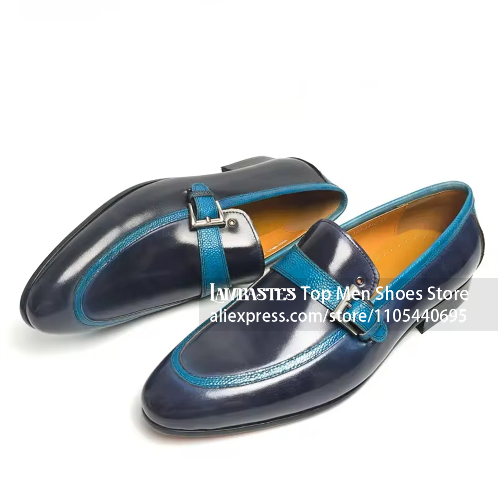 Men'S Shoes Navy Blue - Navy Blue Contrast Buckle Penny Loafers